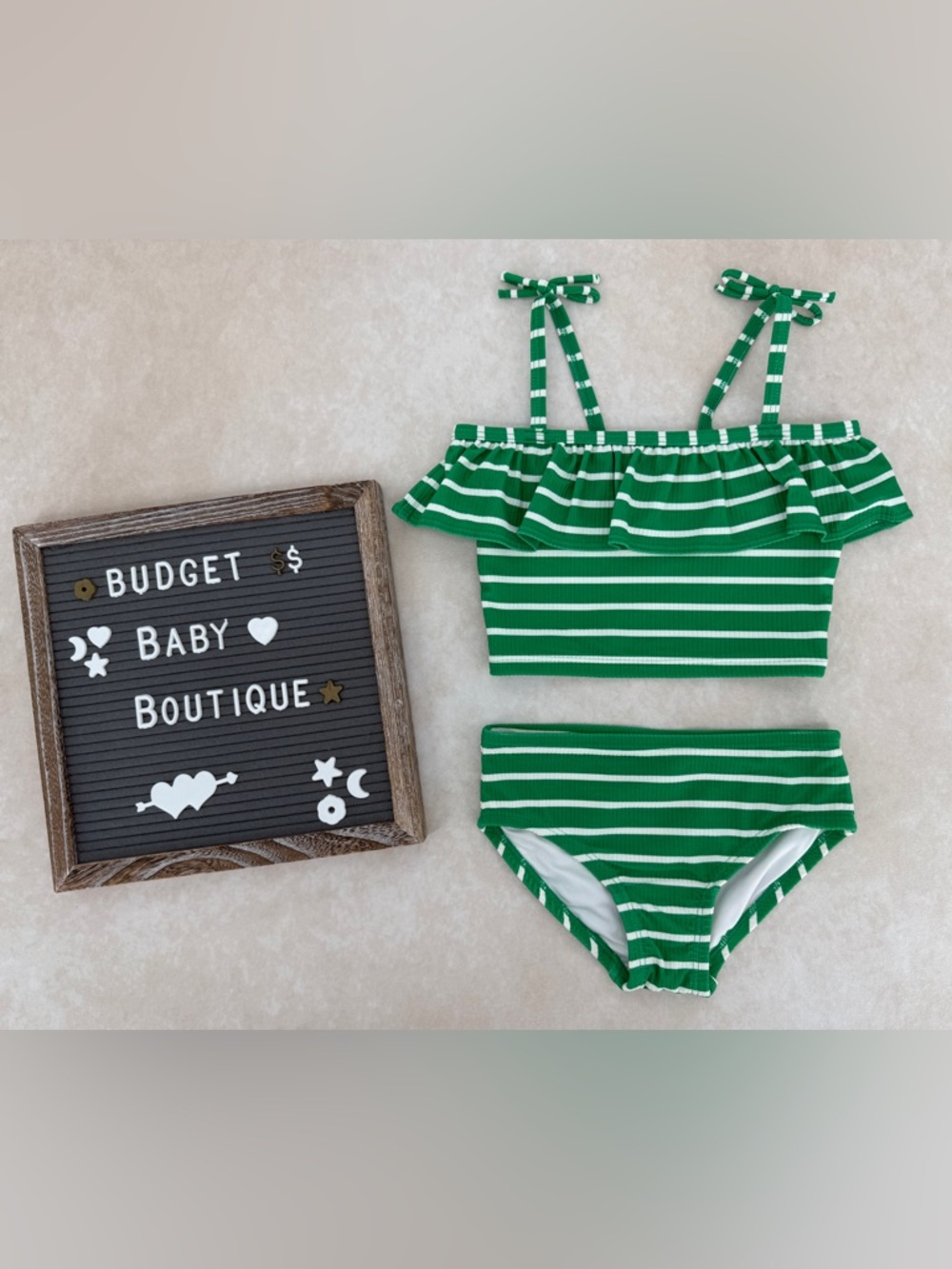 Hanna Andersson Green and White Striped Ruffled Bikini Set
